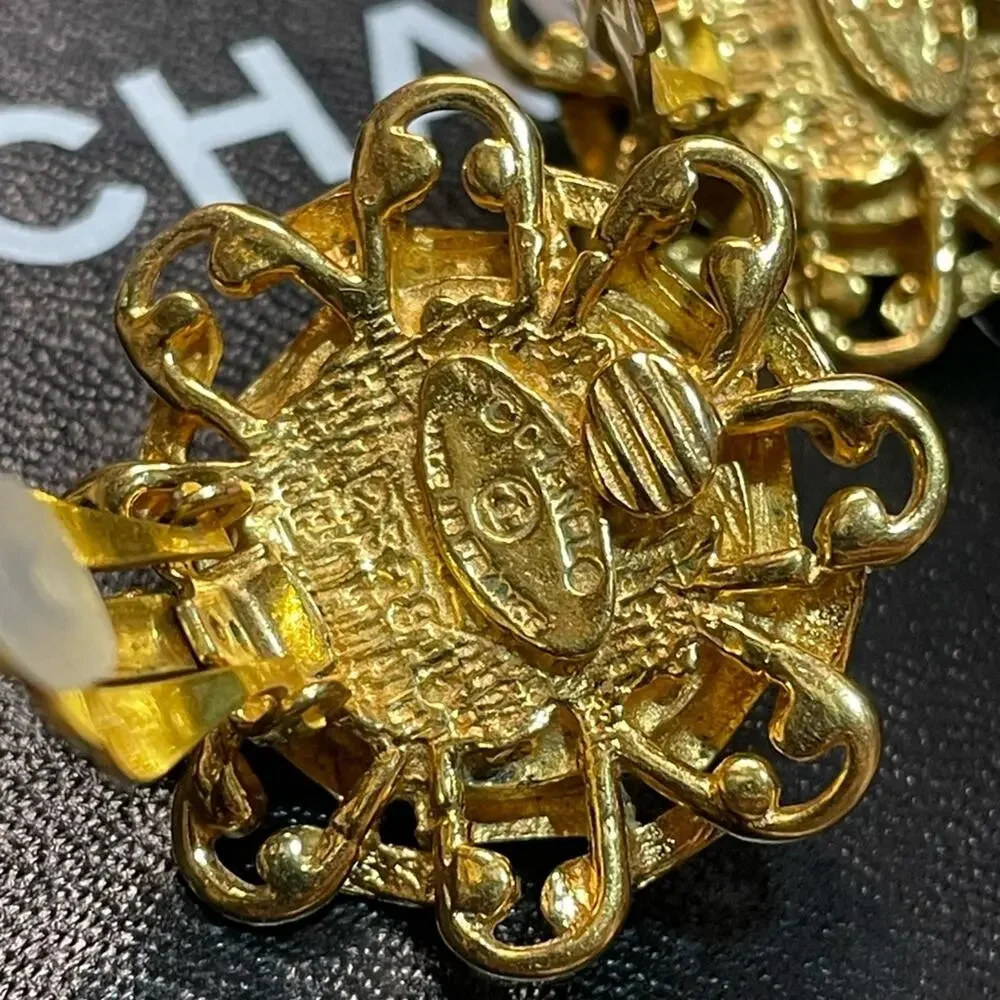 Chanel Clip on Earrings with Red Glass Cabochon. 1 1/4 with COA
